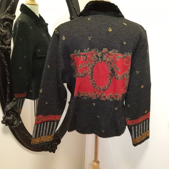 Eva & Claudi 100% Wool Unique Sweater Jacket Faux Fur Collar sz L  /B9 - Picture 5 of 10